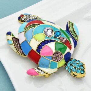 Jewelry pin brooch turtle ocean water gold tone multi-color stones enamel cute